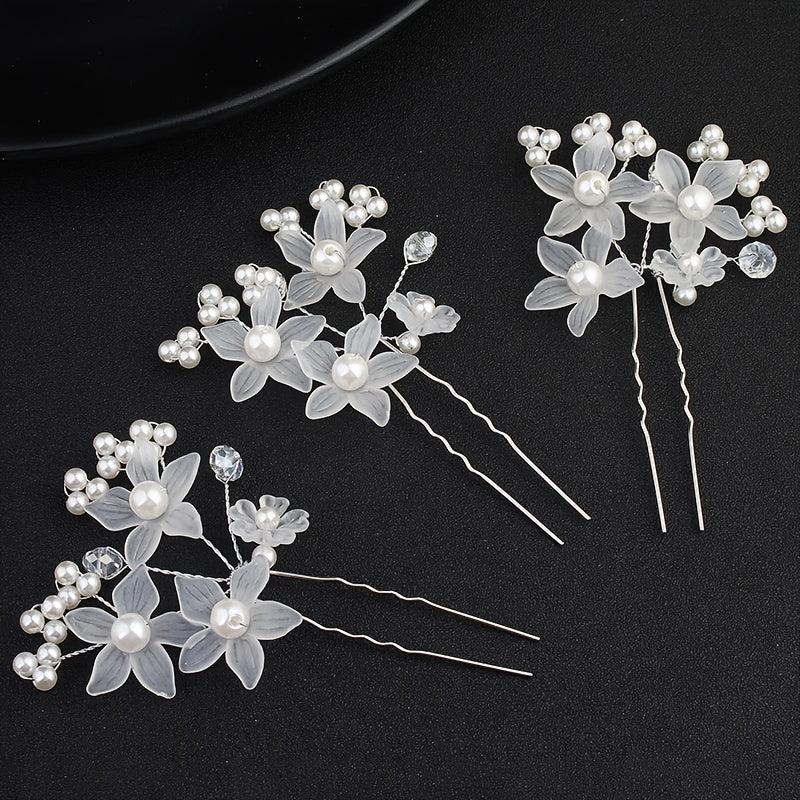 Faux Pearl Flower Red Hairpin Hair Comb Princess Tiara Wedding