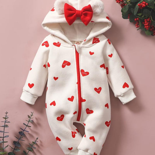 Toddler Baby Heart Print Hooded Jumpsuit For Girls