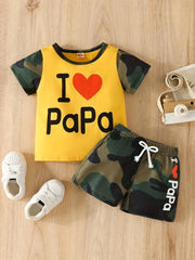 Toddler Boys Love Print T shirt & Camo Shorts Set