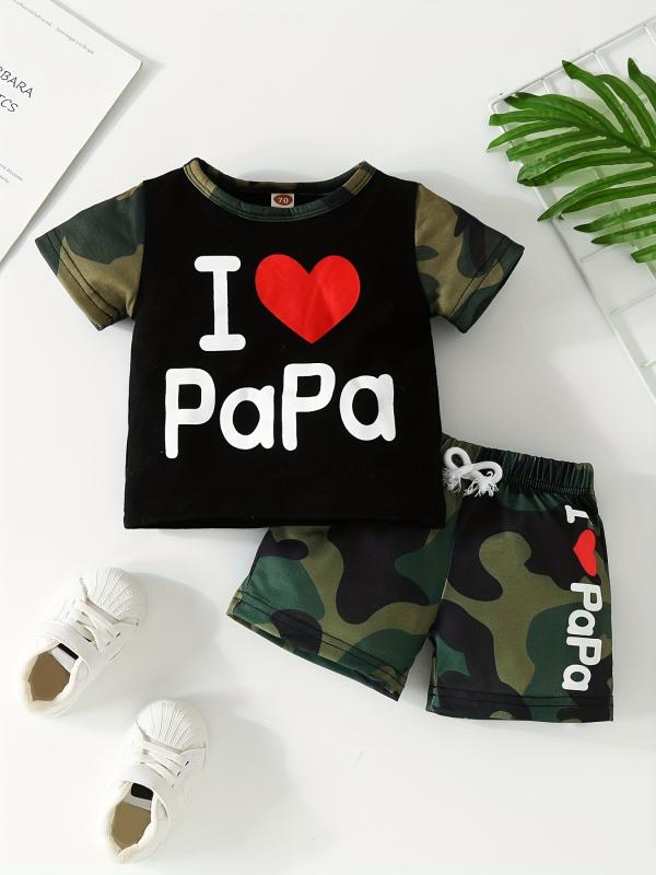 Toddler Boys Love Print T shirt & Camo Shorts Set