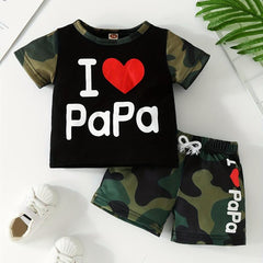 Toddler Boys Love Print T shirt & Camo Shorts Set