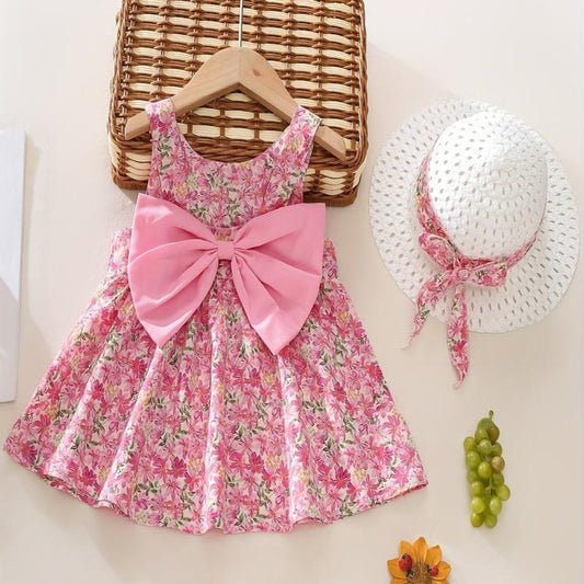 2pcs Baby Girls Floral Sleeveless Dress & Hat Set