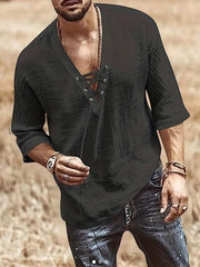 Men's Retro Lace Up V Neck Shirt Regular Fit Casual Top