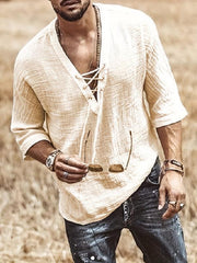 Men's Retro Lace Up V Neck Shirt Regular Fit Casual Top