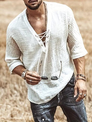 Men's Retro Lace Up V Neck Shirt Regular Fit Casual Top