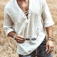 Men's Retro Lace Up V Neck Shirt Regular Fit Casual Top