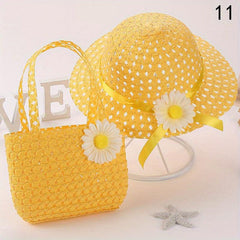 Girls Floral Straw Sun Hat & Bag Set Lightweight Cap For Kids