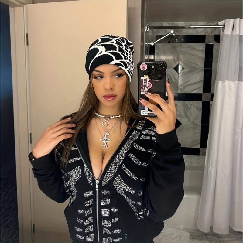 Goth Spider Web Jacquard Beanie Y2K Knit Hat