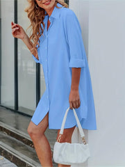 Sexy Button Front Shirt Dress Solid Color Turn Down Collar