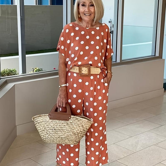 Polka Dot Two piece Set Short Sleeve T shirt & High Waist Elastic Pants