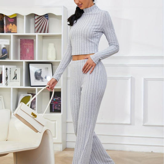 Ribbed Two Piece Set High Neck Long Sleeve Top & Flared Leg Pants Outfit