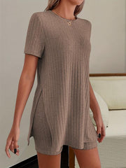 Solid Ribbed Two piece Set Short Sleeve Split Tee & Slim Shorts