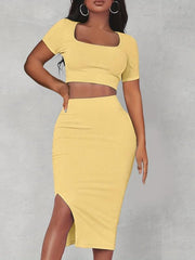 Square Neck Crop Top & Split Bodycon Skirt Set