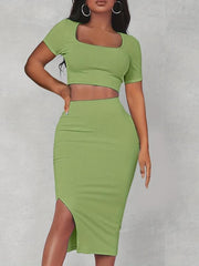 Square Neck Crop Top & Split Bodycon Skirt Set