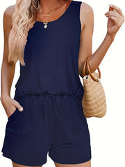 Drawstring Waist Romper Jumpsuit Sleeveless Casual Women's Clothing