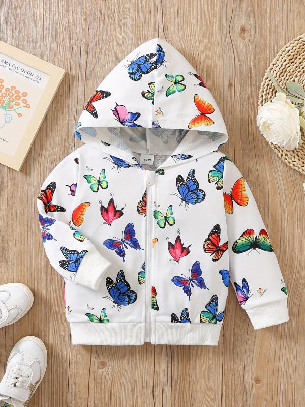 Girls Butterfly Print Hooded Zip Jacket