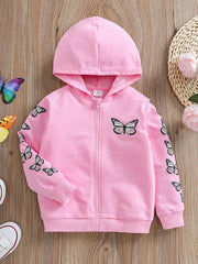 Girls Butterfly Print Hooded Zip Jacket