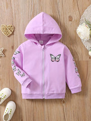 Girls Butterfly Print Hooded Zip Jacket