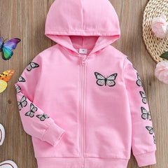 Girls Butterfly Print Hooded Zip Jacket