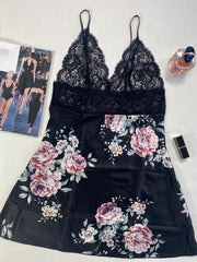 Floral Print Mini Dress with Sexy Lace V Neck and Slit