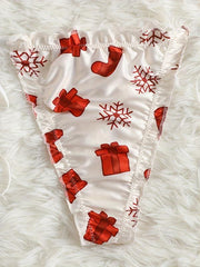 Xmas Print Lingerie Set Ruffle Crop Top & Panties Sexy Women's Underwear