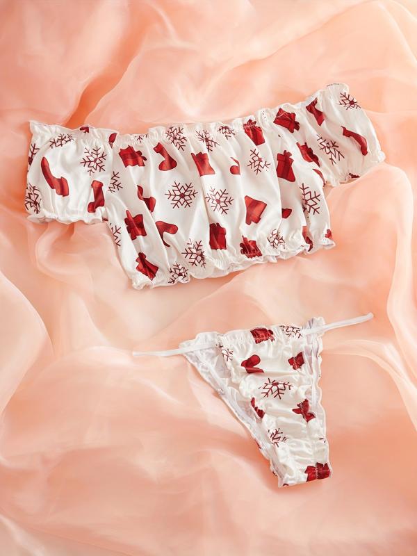 Xmas Print Lingerie Set Ruffle Crop Top & Panties Sexy Women's Underwear