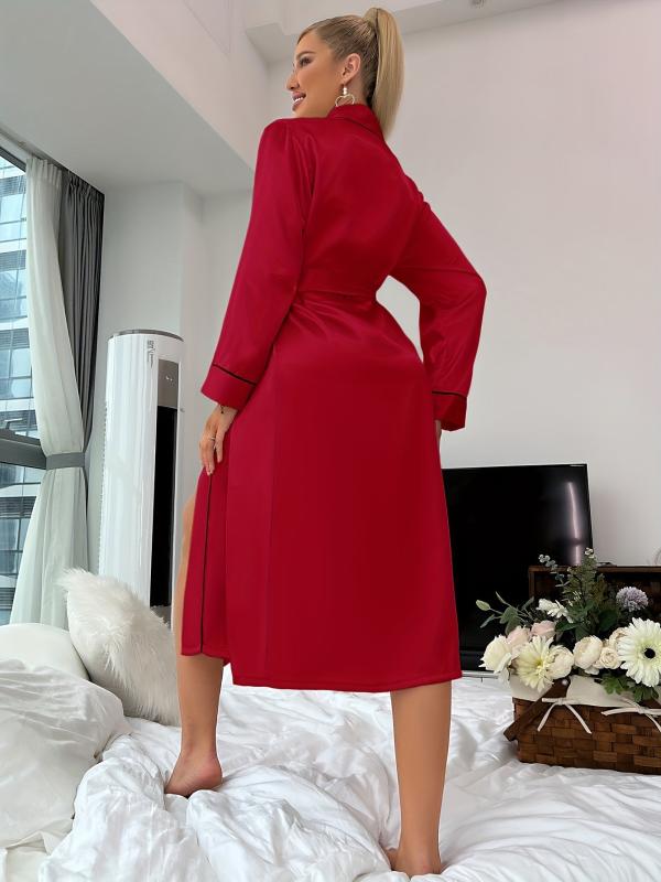 Long Sleeve Satin Night Robe V Neck With Belt