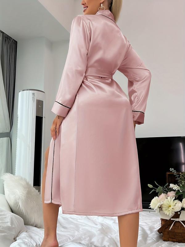 Long Sleeve Satin Night Robe V Neck With Belt