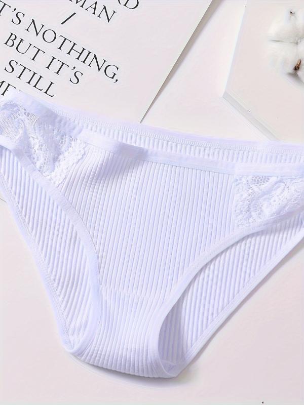 3pcs Lace Ribbed Briefs Comfy Breathable Intimates Panties Women's Lingerie