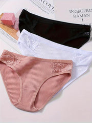3pcs Lace Ribbed Briefs Comfy Breathable Intimates Panties Women's Lingerie