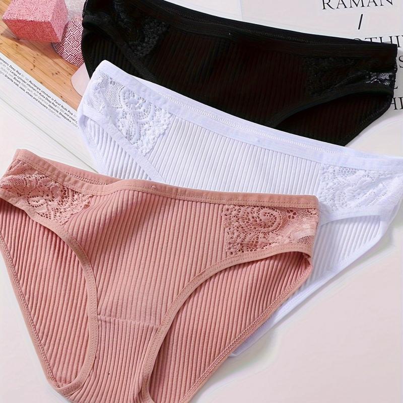 3pcs Lace Ribbed Briefs Comfy Breathable Intimates Panties Women's Lingerie