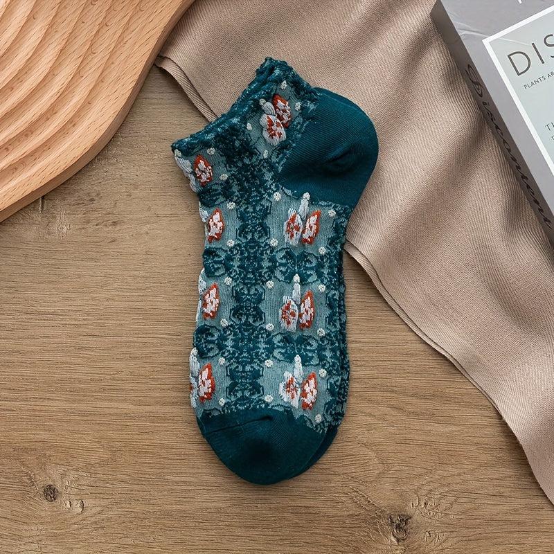 5 Pairs Retro Floral Print Ankle Socks for Women