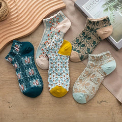 5 Pairs Retro Floral Print Ankle Socks for Women