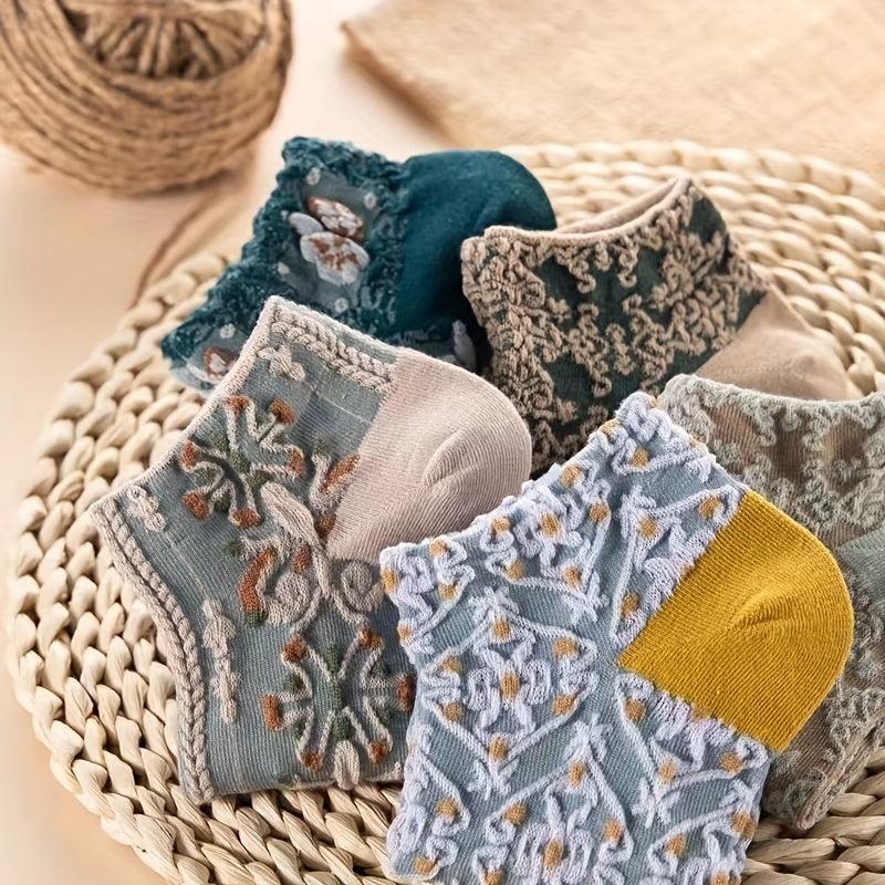 5 Pairs Retro Floral Print Ankle Socks for Women