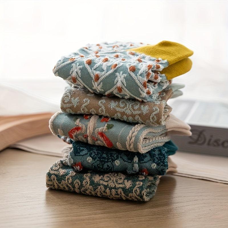 5 Pairs Retro Floral Print Ankle Socks for Women