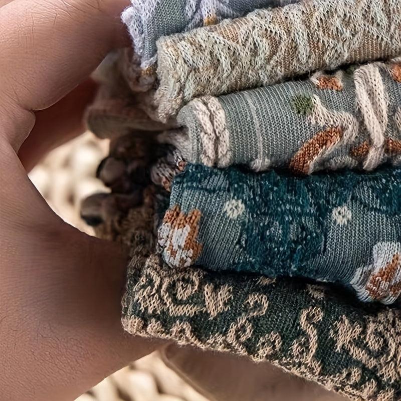 5 Pairs Retro Floral Print Ankle Socks for Women