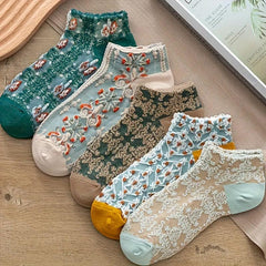 5 Pairs Retro Floral Print Ankle Socks for Women