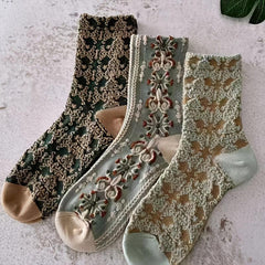 Vintage Style Cotton Socks Embroidered Texture Mid Tube Women's Stockings