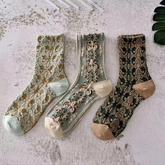 Vintage Style Cotton Socks Embroidered Texture Mid Tube Women's Stockings