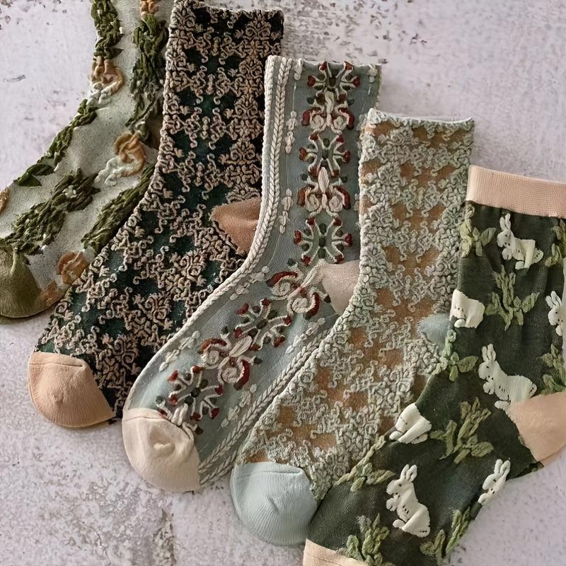 Vintage Style Cotton Socks Embroidered Texture Mid Tube Women's Stockings