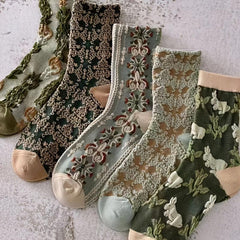 Vintage Style Cotton Socks Embroidered Texture Mid Tube Women's Stockings