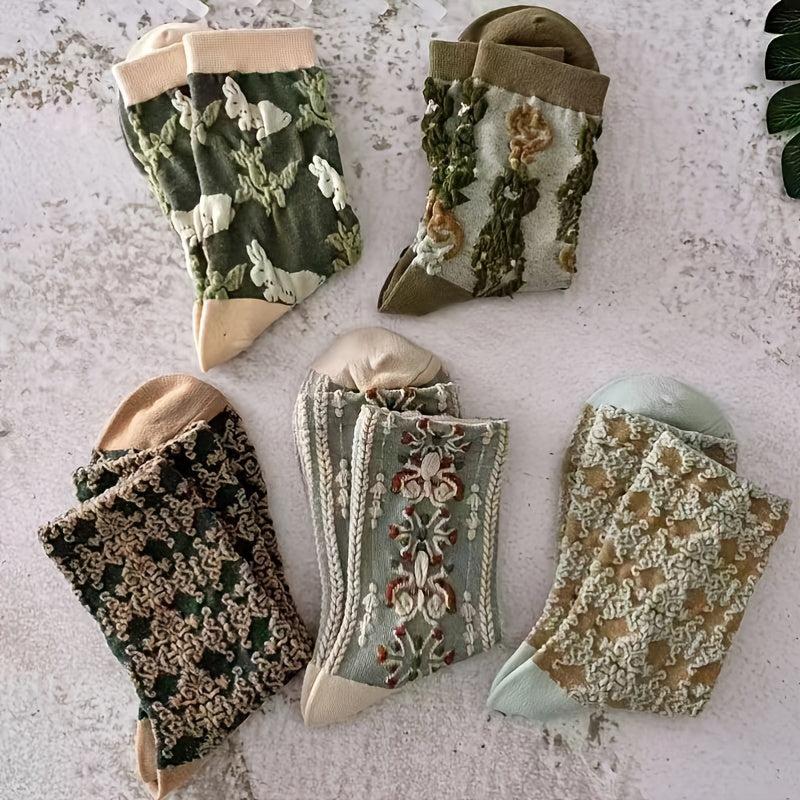 Vintage Style Cotton Socks Embroidered Texture Mid Tube Women's Stockings
