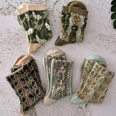 Vintage Style Cotton Socks Embroidered Texture Mid Tube Women's Stockings