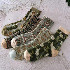 Vintage Style Cotton Socks Embroidered Texture Mid Tube Women's Stockings