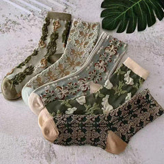 Vintage Style Cotton Socks Embroidered Texture Mid Tube Women's Stockings