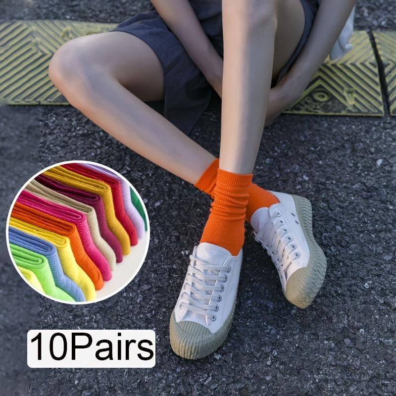 10 Pairs Candy Pile Socks - Comfortable & Breathable Mid Tube Women's Stockings