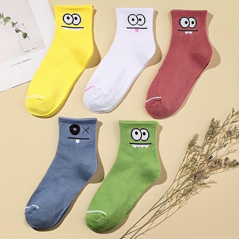 5 Pairs Cartoon Eyes Print Socks Women's Stockings & Hosiery