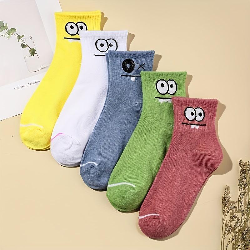 5 Pairs Cartoon Eyes Print Socks Women's Stockings & Hosiery
