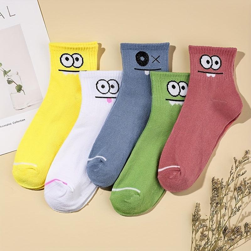 5 Pairs Cartoon Eyes Print Socks Women's Stockings & Hosiery