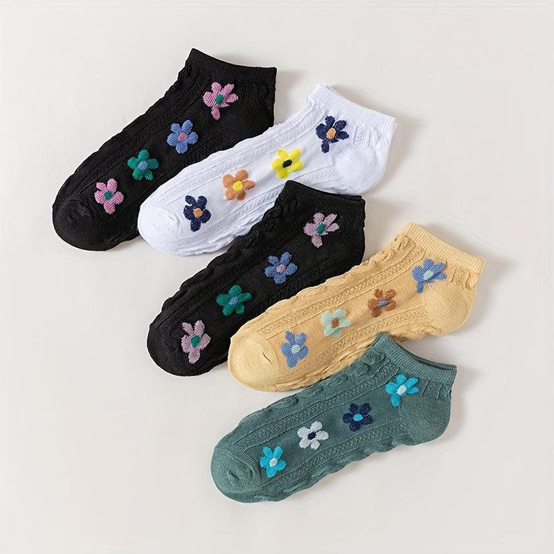 5 Pairs Floral Print Low Cut Ankle Socks Women's Stockings
